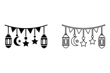 Fototapeta premium Ramadan or eid decorative elements with lanterns moon and stars isolated illustration