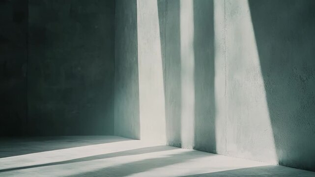Sunlight streams through a window into a stark concrete room, casting dramatic beams and shadow patterns across rough walls and floor, evoking hope, solitude, and escape