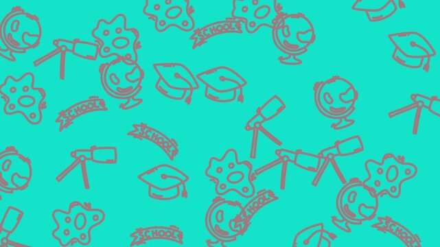 Whimsical Doodle Pattern of Science and Education Icons on Teal Background.