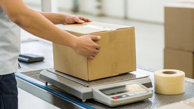 A person weighing a cardboard box on a scale in a shipping area, preparing it for dispatch or delivery.