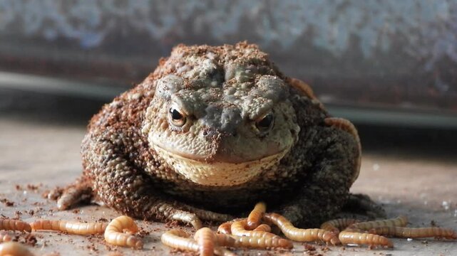 close up view of common toad eating mealworms