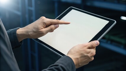 A person holds a tablet device, touching its screen in a modern, well-lit environment, likely for business or technology-related purposes.
