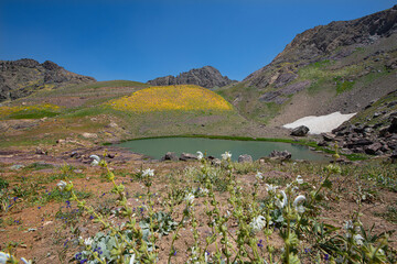 A lake in the mountains, natural scenery, green meadows, snow-capped mountains, blue sky, winter season. Lake views in bloom in spring. Hakkari Cilo Sat Lakes. A lake view in the mountains. 
