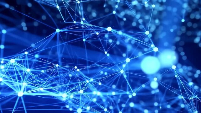 A network of connected nodes and lines glows bright blue against a dark blue background