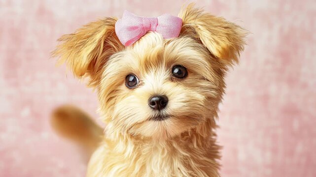 Adorable small maltipoo puppy with fluffy cream fur and pink bow on head looking curiously to side against soft pastel pink studio background, gentle pet care and cuteness concept