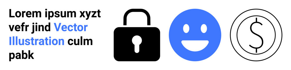 Fototapeta premium Cybersecurity, emotions, finance, online transactions, privacy protection, personal data. Black padlock, blue smiling face and outlined dollar sign icon. Cybersecurity and emotions concept
