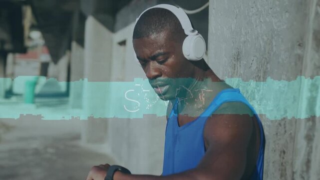 Start text banner against african american fit man using smartwatch outdoors