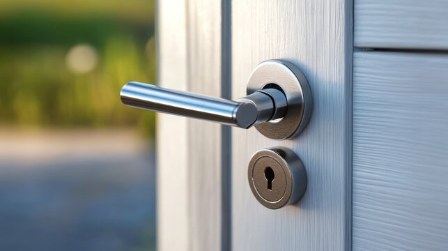 Close-up of a modern door handle and lock on a light-gray door.  Blurred background of out-of-focus greenery