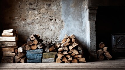 Pile of Cut Wood Logs in Rustic Stone Fireplace with Rough Textured Wall in a Warm Dark Interior Setting For Firewood and Heating in Winter