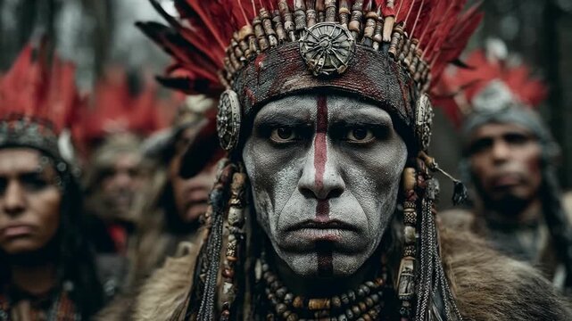 Native American warrior with red feather headdress and white face paint stands with tribe. Indigenous group in forest setting. Traditional cultural ritual and heritage display.