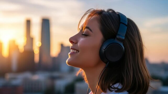 Happy young caucasian woman listening to music on headphones with her eyes closed. Enjoying a peaceful moment of relaxation against a beautiful city skyline at sunset