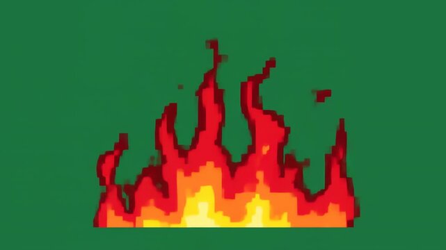 A pixelated fire, with red, orange, and yellow flames against a green backdrop