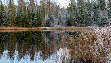 Obraz premium landscape with a lake in late autumn, blue sky, reflections in the water