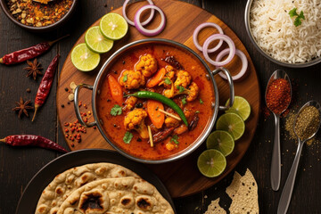 Traditional Indian vegetable curry with cauliflower and carrots in spicy tomato sauce served with basmati rice and naan bread