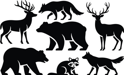 Black silhouette collection of wild animals including deer bear wolf and raccoon stag antlers grizzly bear