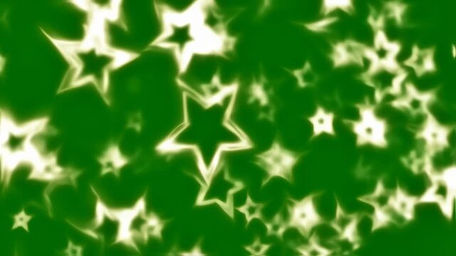 An abstract, blurry, green and white digital art piece with star shapes scattered randomly