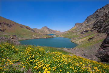 A lake in the mountains, natural scenery, green meadows, snow-capped mountains, blue sky, winter season. Lake views in bloom in spring. Hakkari Cilo Sat Lakes. A lake view in the mountains. 