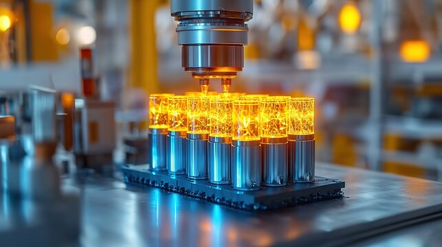 Manufacturing detail: solid-state battery cell with intricate glowing interiors.