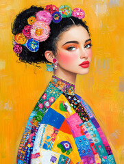 Woman with bright flowers in hair wears colorful traditional clothing against a yellow background in this artistic representation