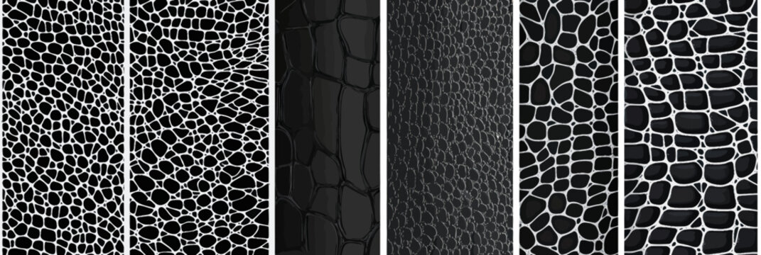 Set of seamless reptile skin patterns black and white crocodile snake leather textures vertical tile backgrounds for fabric and surface design vector illustration