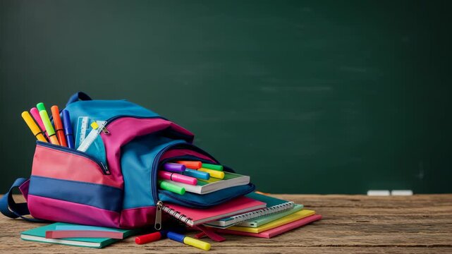 School Backpack Overflowing with Supplies on Wooden Table Against Green Chalkboard Education Concept Prepared for Academic Year in Close Up Still Life