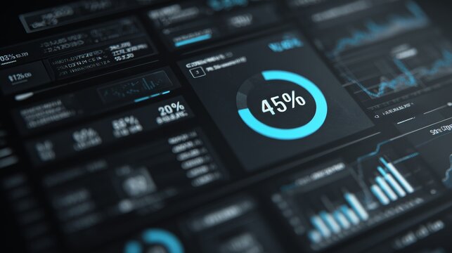Graph shows percentage data and statistics on a digital display with various metrics and indicators in a modern workspace environment
