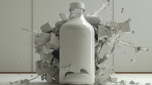 A white bottle filled with a milky liquid amidst an explosion of a white material and water