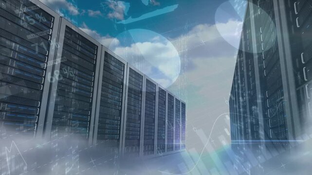 Animation of data processing over cream container and server over server room