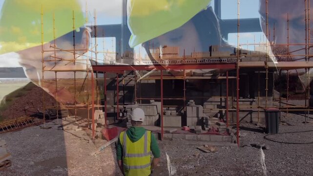 Animation of statistics and data processing over cardboard box lorry model and cityscape