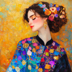 Woman wearing colorful outfit with flowers in hair against a bright background in an artistic setting, wall art poster