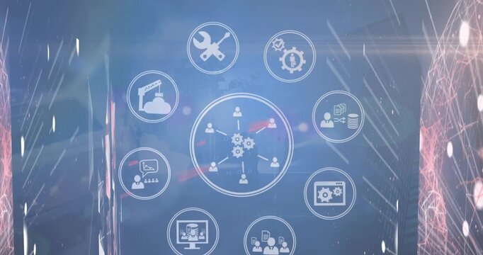 Animation of business communication, construction and maintenance icons over data processing