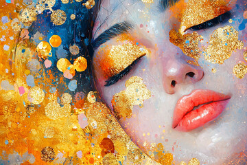 Woman with gold and orange makeup against colorful background showing vibrant artistic expression in modern art style, wall art poster