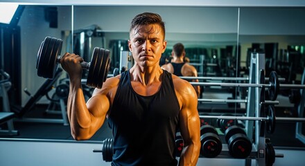 Naklejka premium Muscular man lifting dumbbell in a modern gym with weights and equipment.