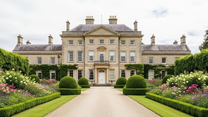 Large luxurious beige stone mansion with garden and driveway leading to front door