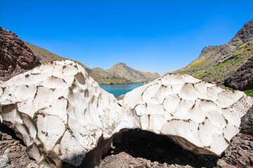 A lake in the mountains, natural scenery, green meadows, snow-capped mountains, blue sky, winter season. Lake views in bloom in spring. Hakkari Cilo Sat Lakes. A lake view in the mountains. 