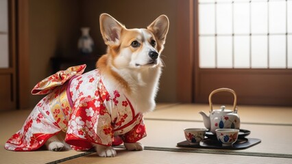 Corgi dog wearing traditional japanese kimono sitting next to tea set