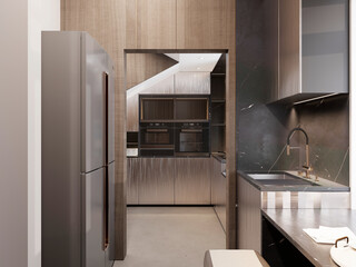 Luxury Metallic Kitchen Interior 3d Rendering