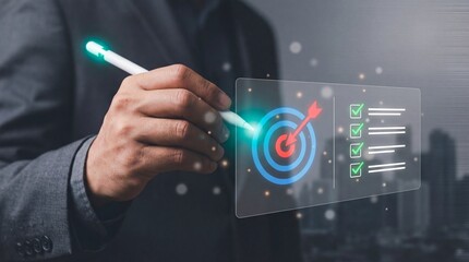 Business Target Achievement Concept with Holographic Goals Dashboard and Bullseye, Corporate Goal Planning and Performance Tracking with Digital Target Interface