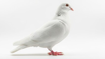 White pigeon standing on a surface with red feet and beak isolated on white background