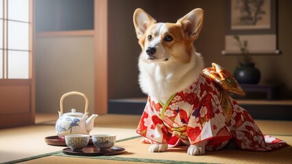 Corgi dog wearing traditional japanese kimono sitting with tea set on tatami mat in kyoto style room