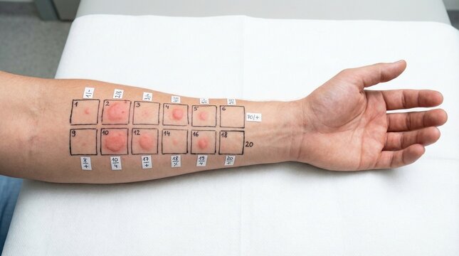 Close-up of Allergy Skin Prick Test on Forearm with Red Wheals and Numbered Grid - Medical Diagnosis and Immune Reaction Concept