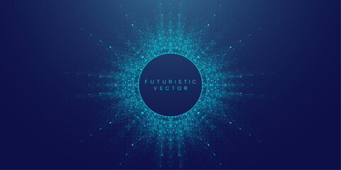 Scientific vector illustration quantum qubit technology. Plexus fiction effect. Deep learning artificial intelligence. Big data algorithms visualization. Quantum explosion background.