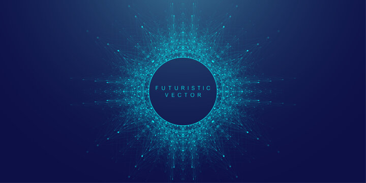 Scientific vector illustration quantum qubit technology. Plexus fiction effect. Deep learning artificial intelligence. Big data algorithms visualization. Quantum explosion background.