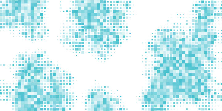 Abstract blue pixel mosaic background with scattered square elements forming a dynamic digital pattern on white space