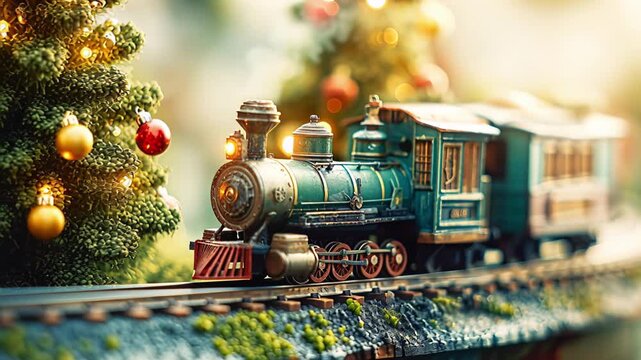 Vintage green toy steam train circling track beside decorated christmas tree with warm fairy lights and shiny baubles on blurred festive background, nostalgic holiday childhood memories atmosphere