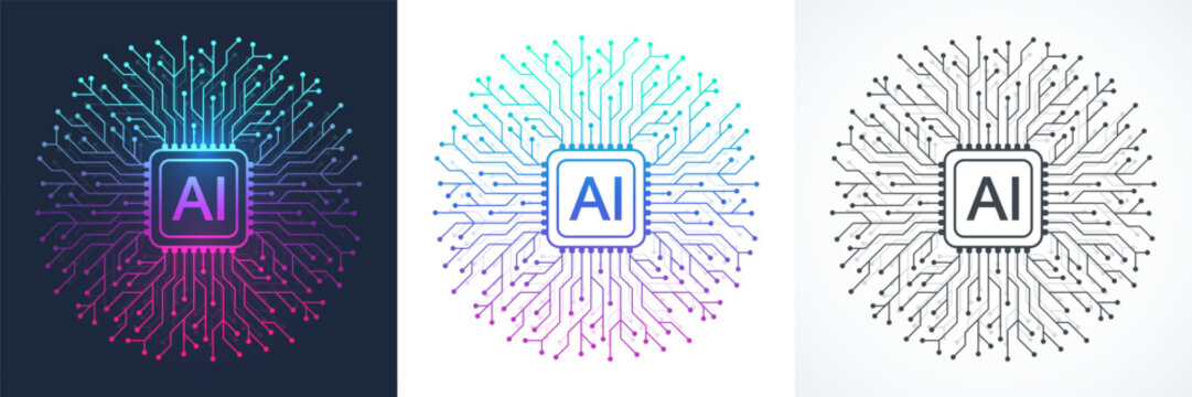 Modern handmade vector for icon, sign, logo circuit line style in the Artificial intelligence concept. Set AI processor icon flat design. Motherboard digital chip AI.