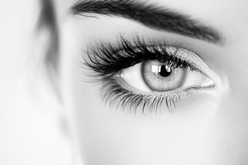 Close-up of female eye with long lashes and dramatic makeup in black and white