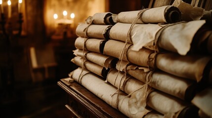 Fototapeta premium A stack of weathered aged parchment scrolls tied with string rests on a surface with blurred candle lights in the background