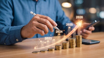 Financial Growth Strategy 2023 to 2026 with Rising Profit Chart and Coin Stacks., Investment Growth and Profit Increase Concept with Business Analytics.