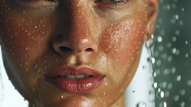 Closeup of a Womans Face with Water Splashing Over Skin and Bright Green Eyes